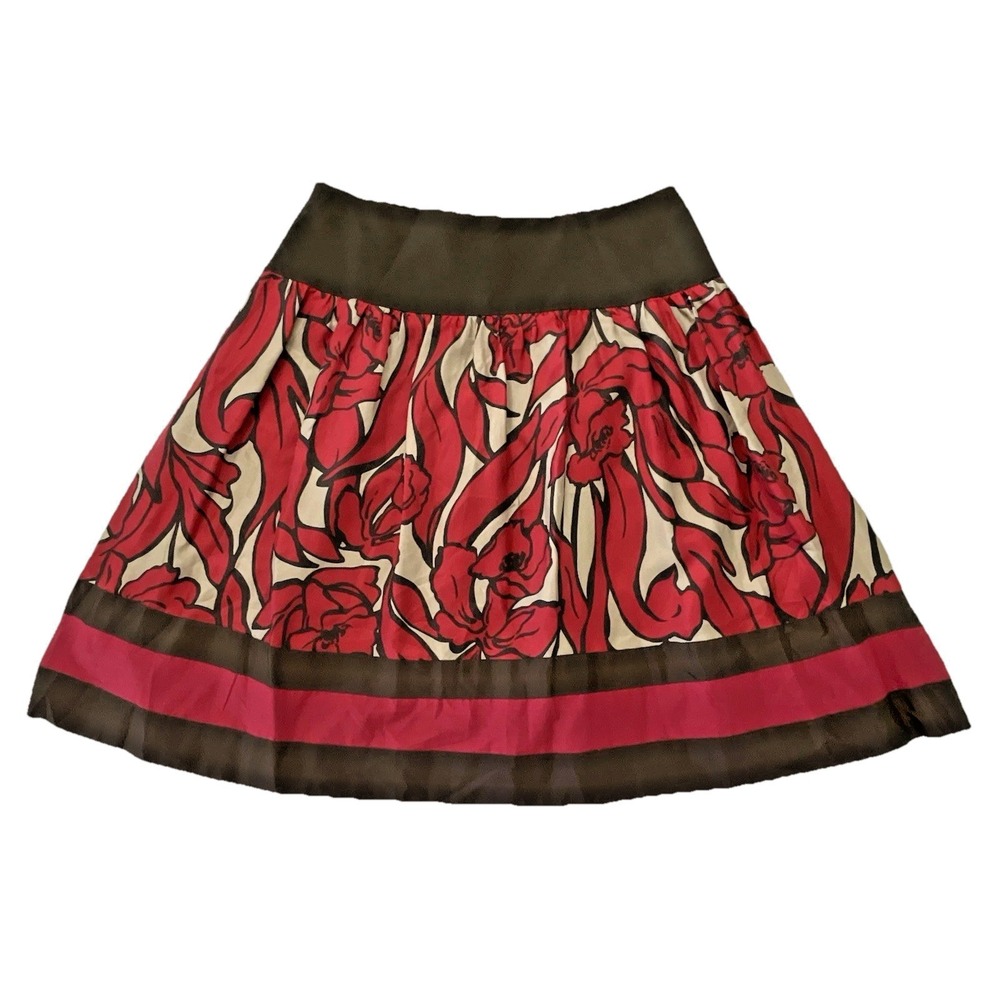 Nygard Collection‎ Petites Floral Print A-Line Skirt Red Brown Size 12 100% Silk